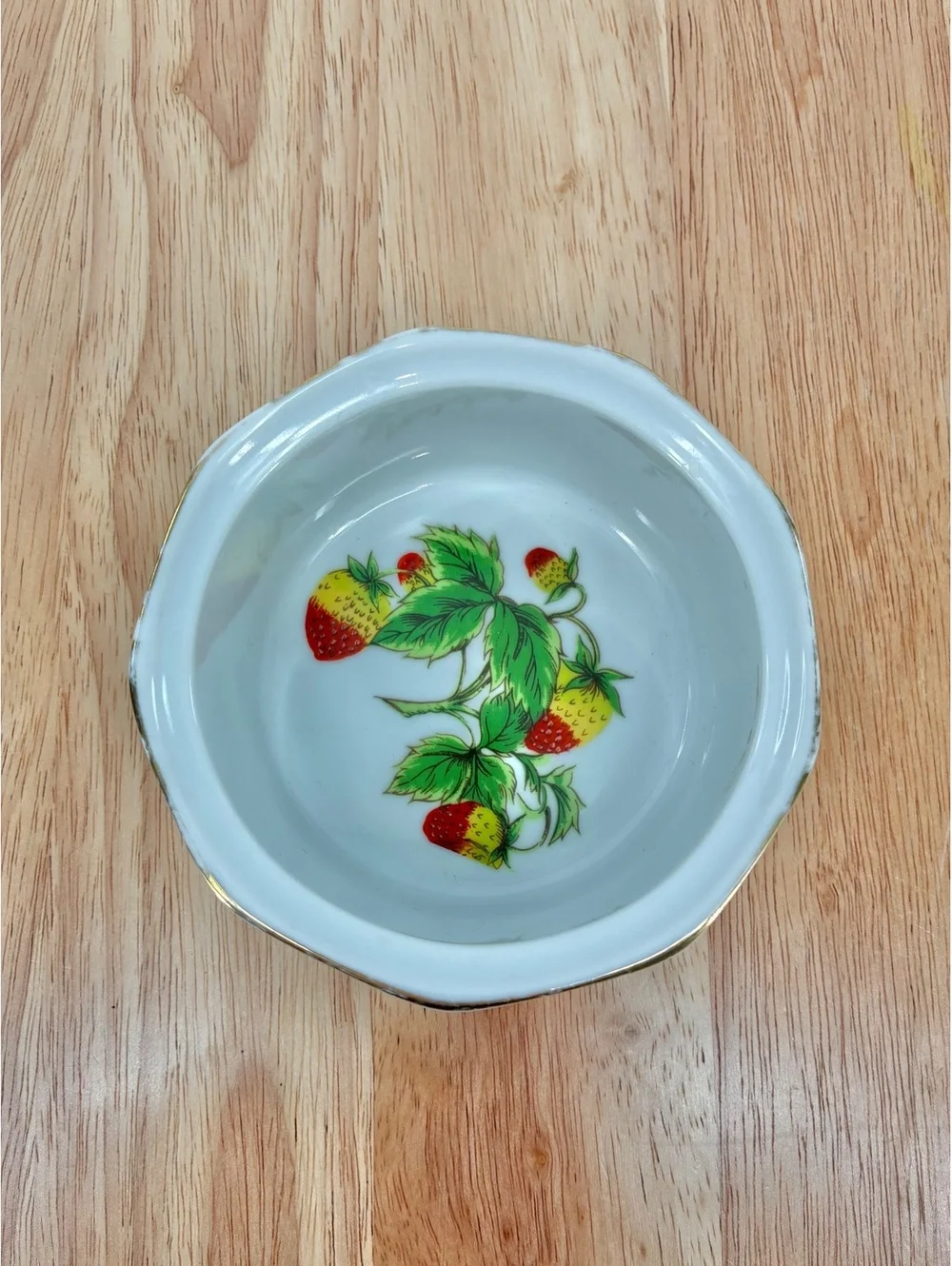 Vintage Mid Century Strawberry & Butterfly Porcelain Ramekin Gold Trim Japan